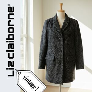 VTG Liz Claiborne Jacket Coat I Women's S I Gray Black I Leopard Print Wool 90s